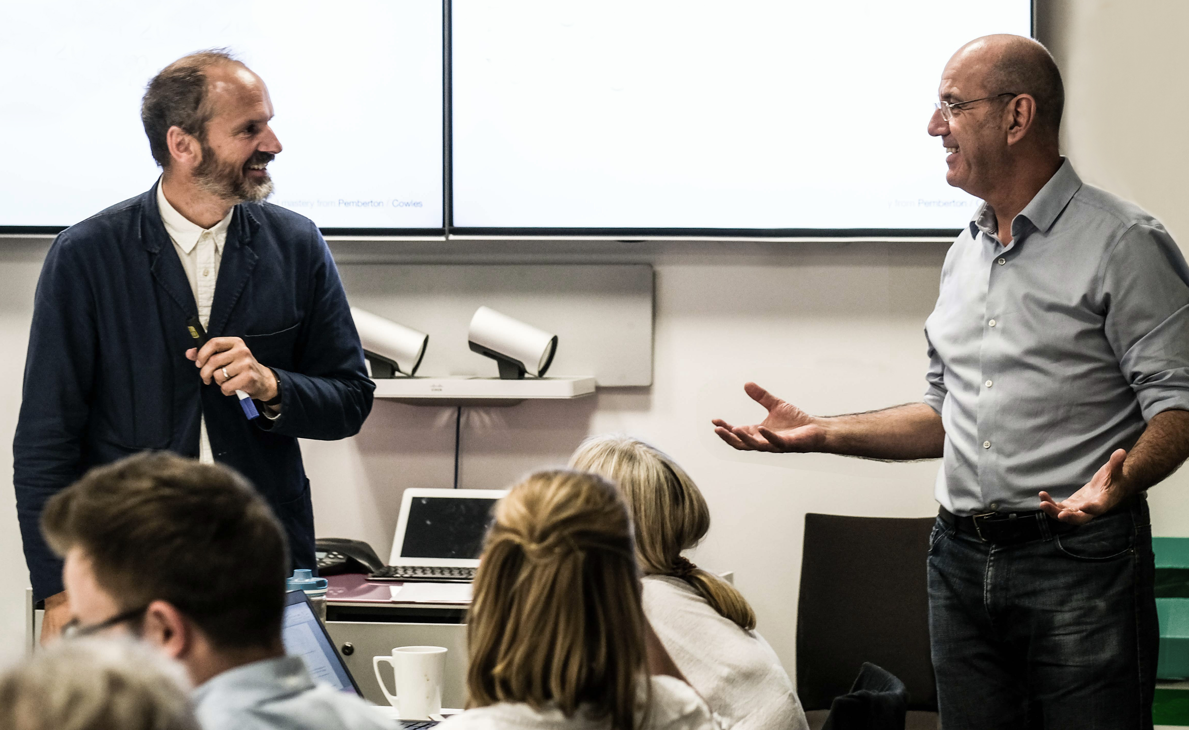 Andy Cowles and Andy Pemberton train Never Lose Another Pitch Guardian Masterclass at The Guardian in London 2019